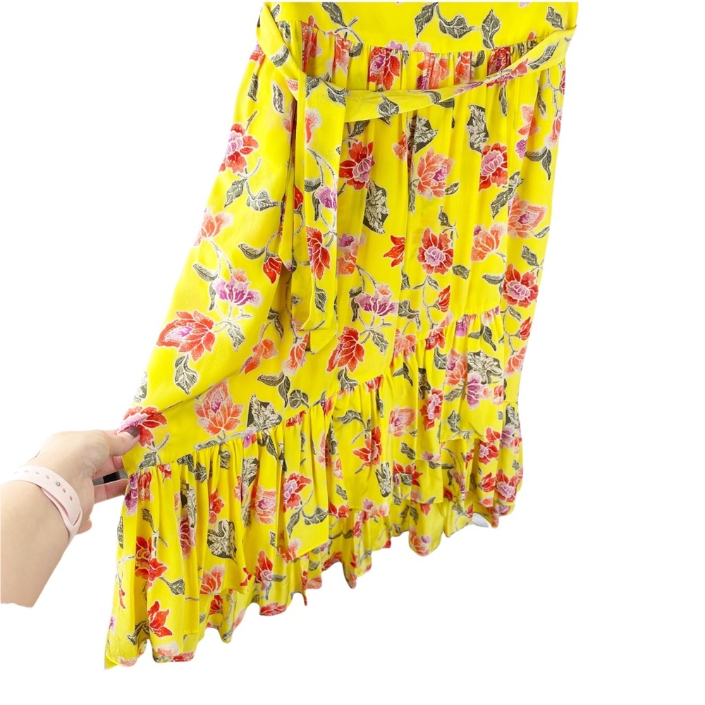 JOIE Yellow Ruffle Faux Wrap Floral SILK Midi Skirt with Tie Size 6 - Picture 4 of 11